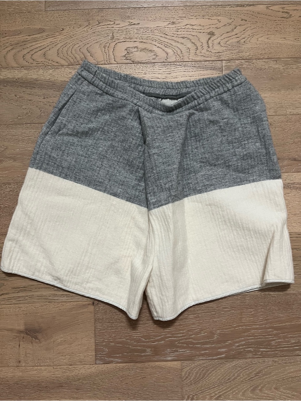 Humanoid Cozy Colorblock Knit Shorts in Gray and Cream